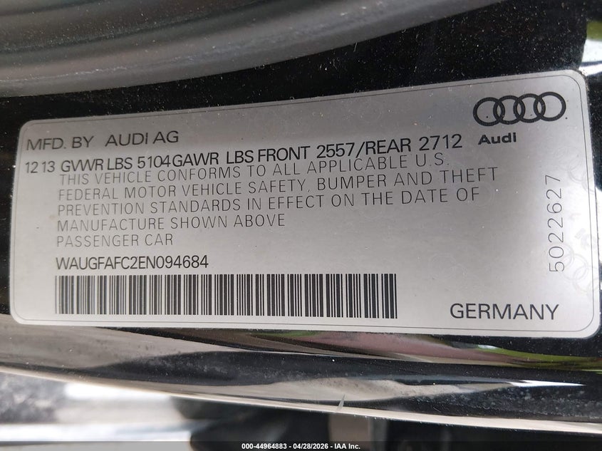 2014 Audi A6 VIN WAUGFAFC2EN094684 IAAI salvage auction — NORMAL WEAR, Salvage Title, sold $1,575 on 2026-07-16 (photo 9)