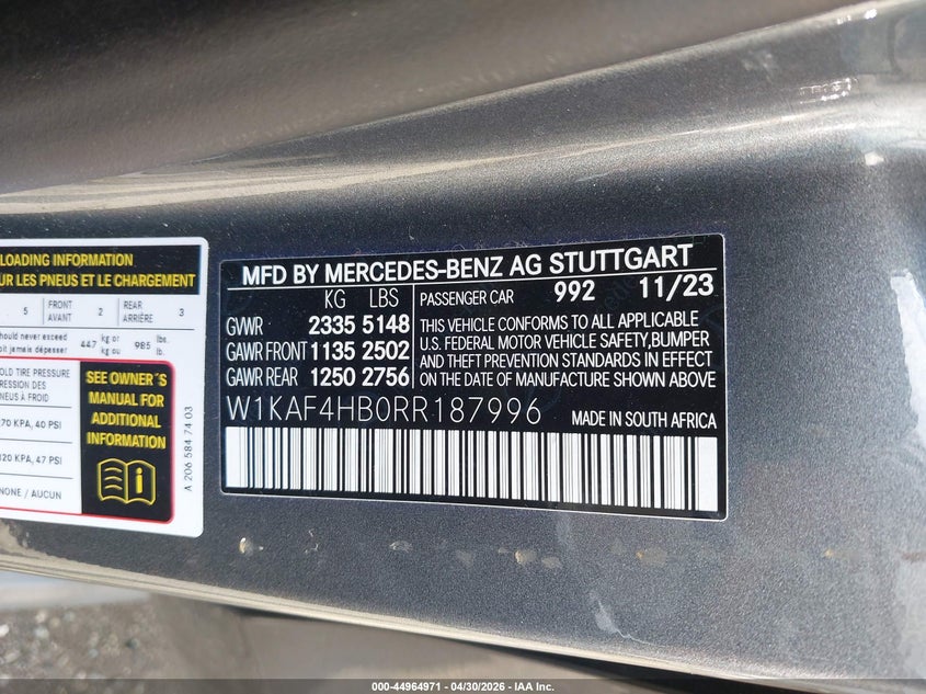 2024 Mercedes-benz C-klasse VIN W1KAF4HB0RR187996 IAAI salvage auction — FRONT END, Salvage - 75% Or Less (Maryland), sold $10,600 on 2026-07-28 (photo 9)