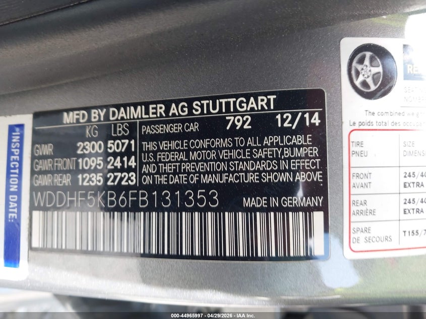 2015 Mercedes-benz E-klasse VIN WDDHF5KB6FB131353 IAAI salvage auction — FRONT END, Salvage (Mississippi), sold $3,300 on 2026-08-09 (photo 9)