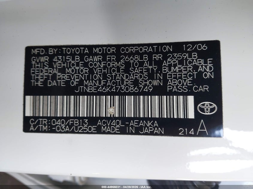 2007 Toyota Camry VIN JTNBE46K473086749 IAAI salvage auction — FRONT END, Salvage (California), sold $525 on 2026-07-21 (photo 9)