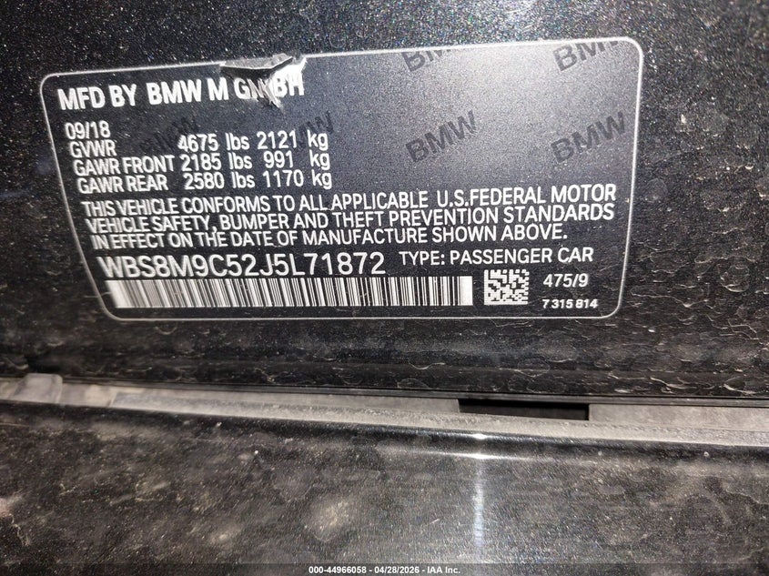 2018 BMW M3 VIN WBS8M9C52J5L71872 IAAI salvage auction — ROLLOVER, Salvage (Oregon), sold $10,550 on 2026-07-30 (photo 9)