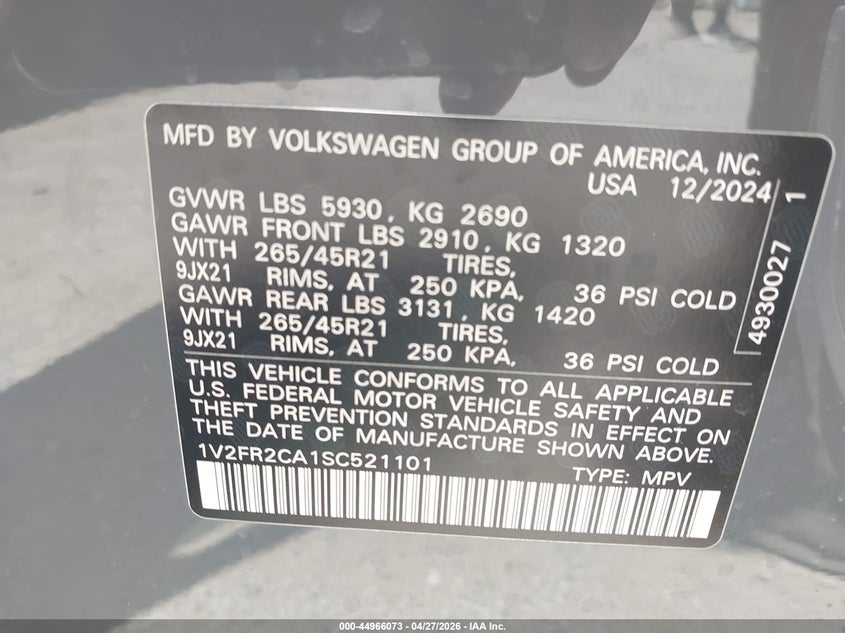 2025 Volkswagen Atlas VIN 1V2FR2CA1SC521101 IAAI salvage auction — FRONT END, Original (Texas), sold $17,150 on 2026-07-28 (photo 9)