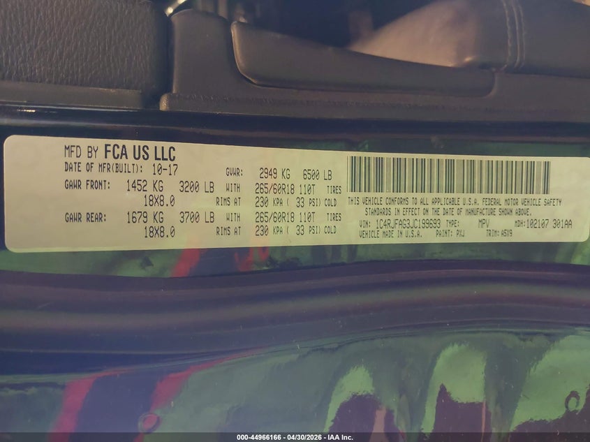 2018 Jeep Grand cherokee VIN 1C4RJFAG3JC199693 IAAI salvage auction — FRONT END, Clear (Michigan), sold $3,000 on 2026-07-31 (photo 9)