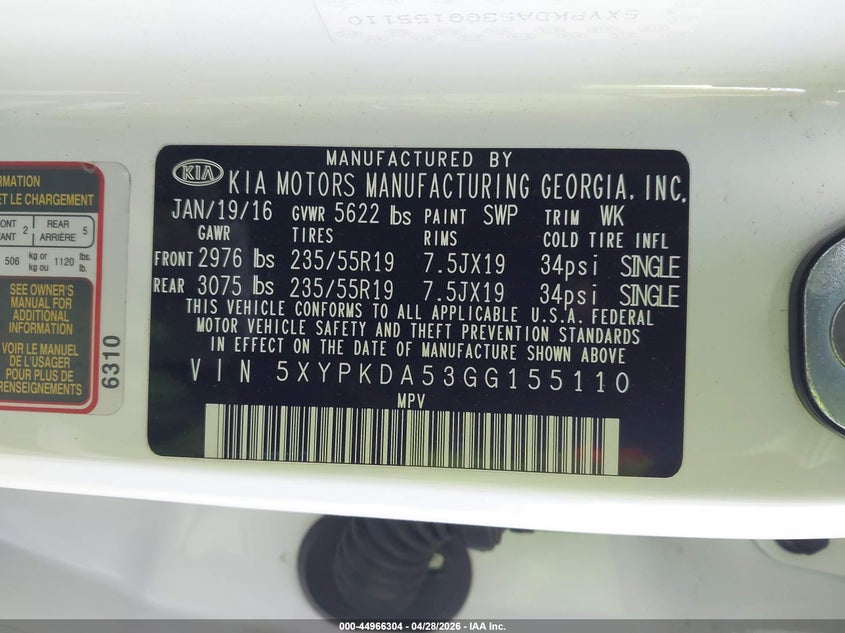 2016 Kia Sorento VIN 5XYPKDA53GG155110 IAAI salvage auction — FRONT END, Bill Of Sale (Washington), sold $2,200 on 2026-07-07 (photo 9)