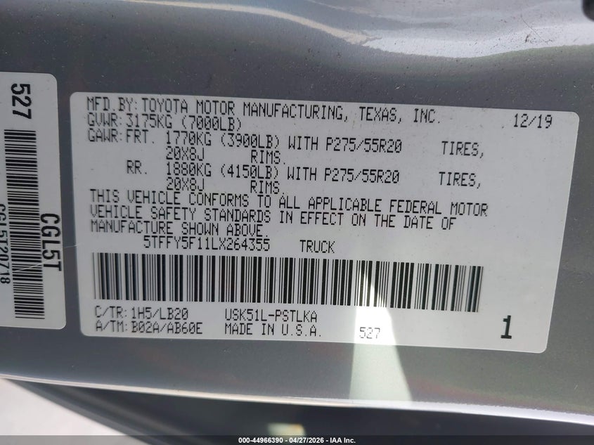 2020 Toyota Tundra VIN 5TFFY5F11LX264355 IAAI salvage auction — LEFT REAR, Original (Texas), sold $21,625 on 2026-07-22 (photo 9)
