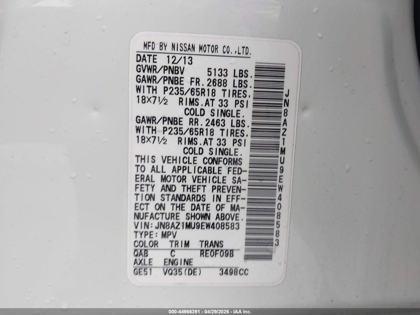 2014 Nissan Murano VIN JN8AZ1MU9EW408583 IAAI salvage auction — FRONT END, Salvage Title, sold $2,150 on 2026-07-29 (photo 9)