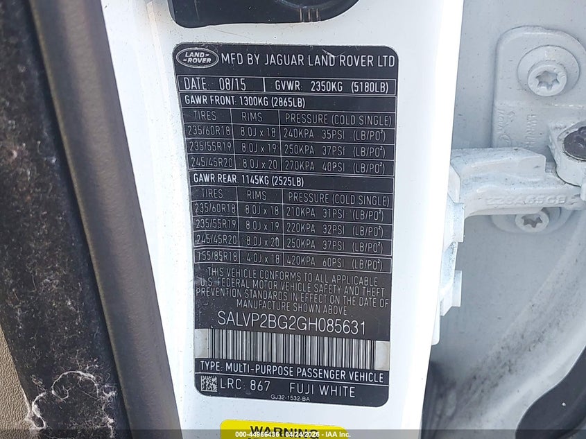2016 Land rover Range rover evoque VIN SALVP2BG2GH085631 IAAI salvage auction — REAR END, Salvage (Oregon), sold $1,250 on 2026-07-30 (photo 9)
