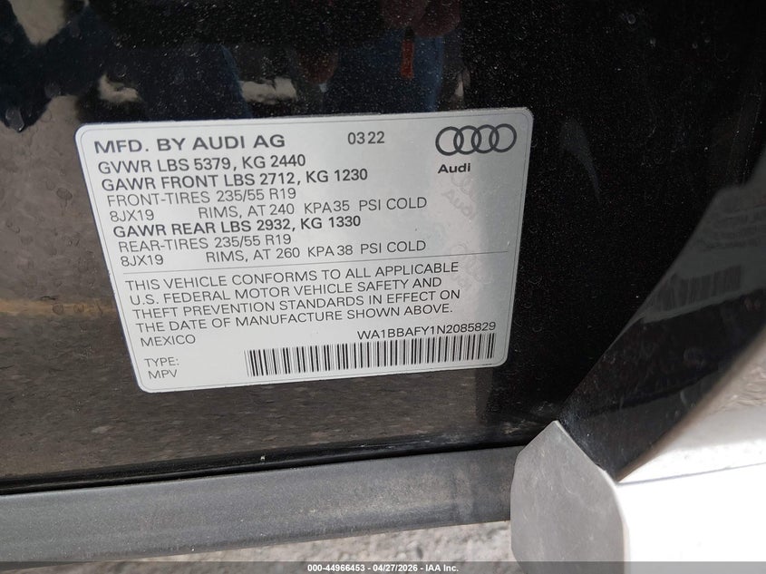 2022 Audi Q5 VIN WA1BBAFY1N2085829 IAAI salvage auction — FRONT END, Salvage Title, sold $9,400 on 2026-07-14 (photo 9)
