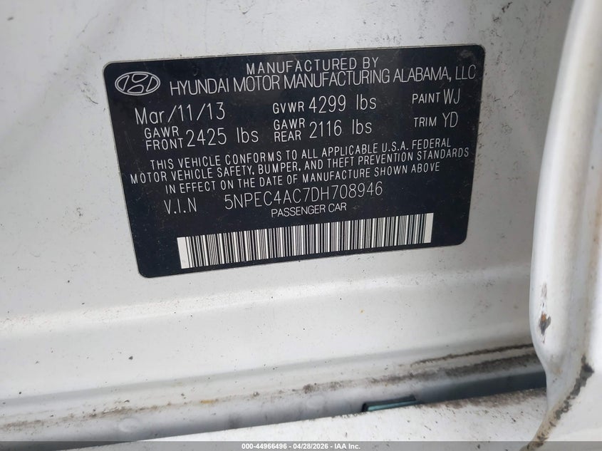 2013 Hyundai Sonata VIN 5NPEC4AC7DH708946 IAAI salvage auction — RIGHT FRONT, Salvage (Illinois), sold $475 on 2026-07-29 (photo 9)
