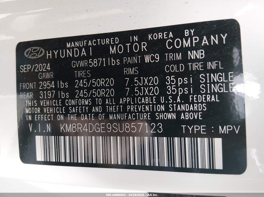 2025 Hyundai Palisade VIN KM8R4DGE9SU857123 IAAI salvage auction — RIGHT FRONT, Salvage Title, sold $4,500 on 2026-07-08 (photo 9)