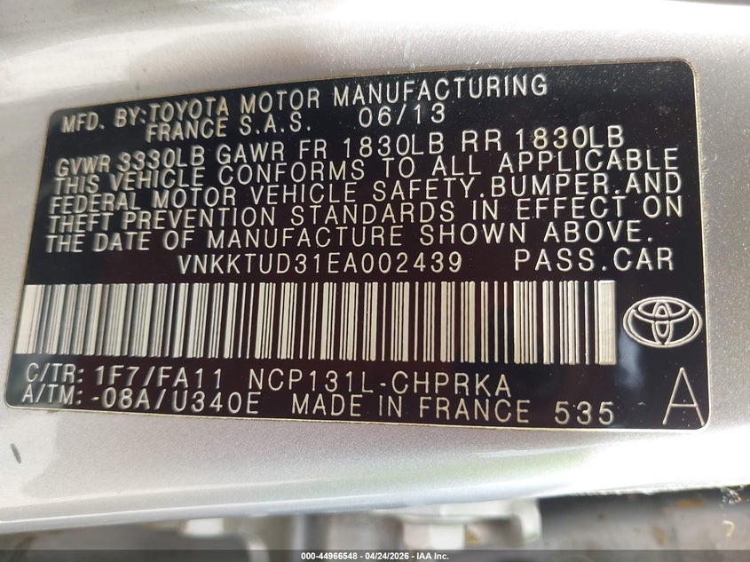 2014 Toyota Yaris VIN VNKKTUD31EA002439 IAAI salvage auction — NORMAL WEAR, Wait Title, sold $1,750 on 2026-07-29 (photo 9)