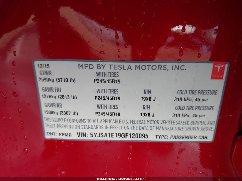 2016 Tesla Model s VIN 5YJSA1E19GF120095 IAAI salvage auction — RIGHT SIDE, Salvage (California), sold $5,000 on 2026-08-02 (photo 9)