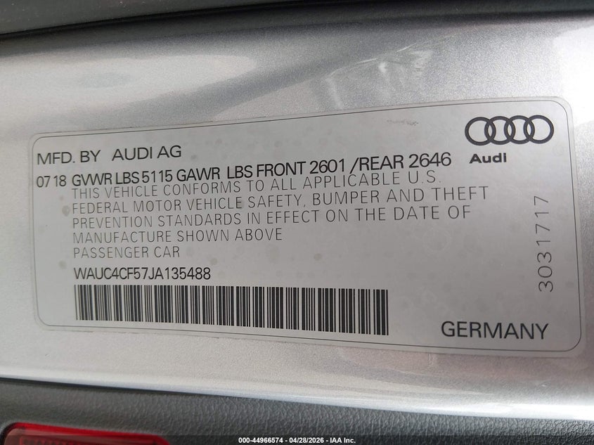 2018 Audi S5 VIN WAUC4CF57JA135488 IAAI salvage auction — FRONT END, Original (Texas), sold $10,300 on 2026-07-28 (photo 9)