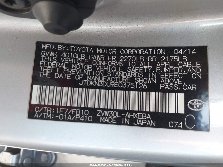 2014 Toyota Prius VIN JTDKN3DU9E0375126 IAAI salvage auction — FRONT END, Salvage (California), sold $1,350 on 2026-07-09 (photo 9)