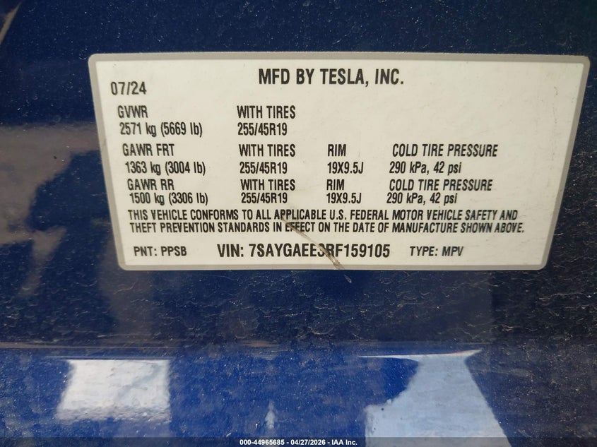 2024 Tesla Model y VIN 7SAYGAEE3RF159105 IAAI salvage auction — FRONT END, Original (Texas), sold $12,300 on 2026-07-09 (photo 9)
