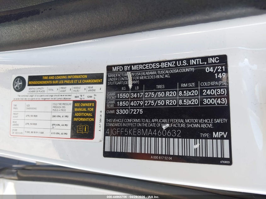 2021 Mercedes-benz VIN 4JGFF5KE8MA460632 IAAI salvage auction — RIGHT FRONT, Salvage (California), sold $15,500 on 2026-07-16 (photo 9)