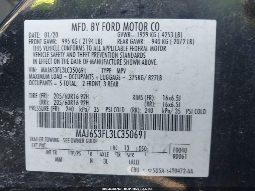 2020 Ford Ecosport VIN MAJ6S3FL3LC350691 IAAI salvage auction — FRONT END, Wait Title, sold $1,400 on 2026-08-02 (photo 9)