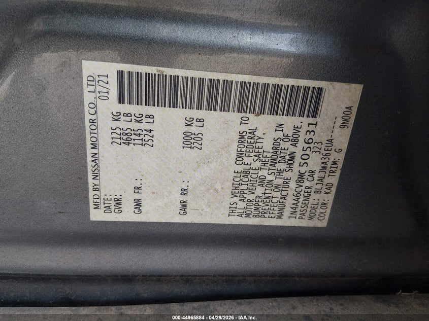 2021 Nissan Maxima VIN 1N4AA6CV8MC505631 IAAI salvage auction — FRONT END, Salvage Title, sold $3,250 on 2026-07-09 (photo 9)