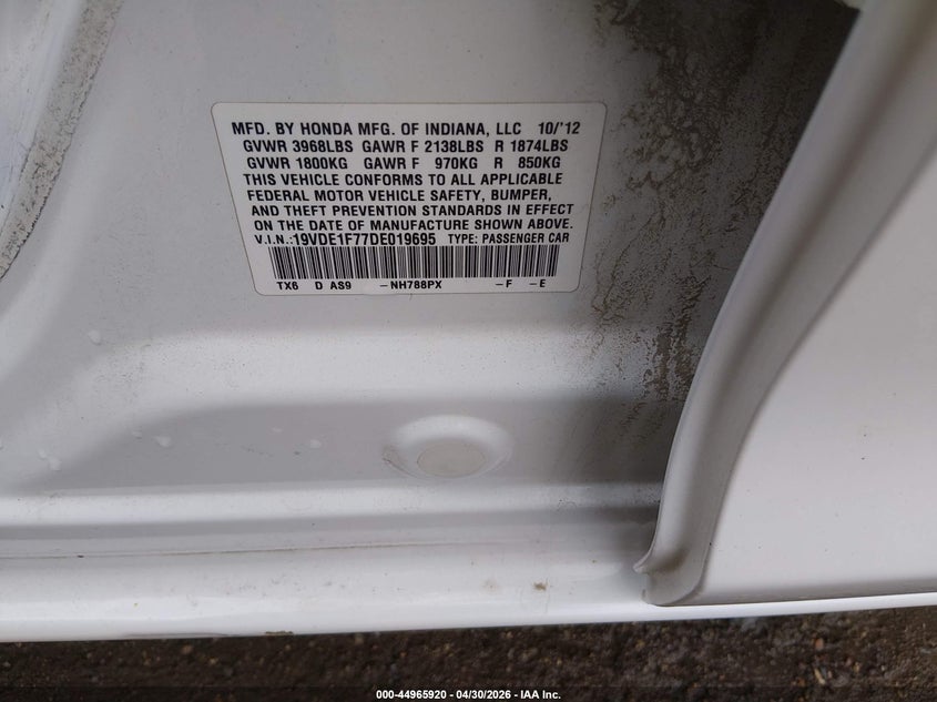 2013 Acura Ilx VIN 19VDE1F77DE019695 IAAI salvage auction — FRONT END, Salvage (Kansas), sold $375 on 2026-07-10 (photo 9)