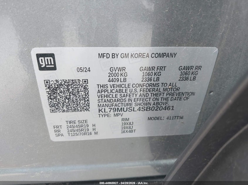 2025 Chevrolet Trailblazer VIN KL79MUSL4SB020461 IAAI salvage auction — HAIL, Salvage Title, sold $11,175 on 2026-07-07 (photo 9)