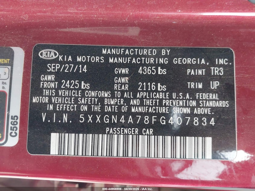 2015 Kia Optima VIN 5XXGN4A78FG407834 IAAI salvage auction — RIGHT SIDE, Original (Texas), sold $1,300 on 2026-07-21 (photo 9)