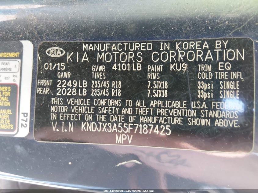 2015 Kia Soul VIN KNDJX3A55F7187425 IAAI salvage auction — FRONT END, Salvage (West Virginia), sold $825 on 2026-07-16 (photo 9)