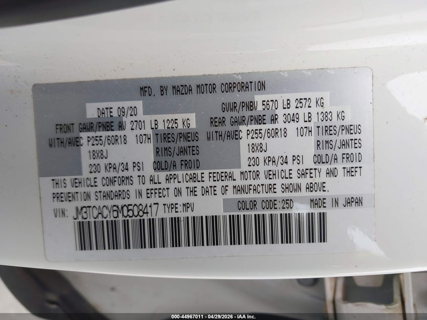 2021 Mazda Cx-9 VIN JM3TCACY6M0508417 IAAI salvage auction — RIGHT FRONT, Original (Texas), sold $7,100 on 2026-07-07 (photo 9)
