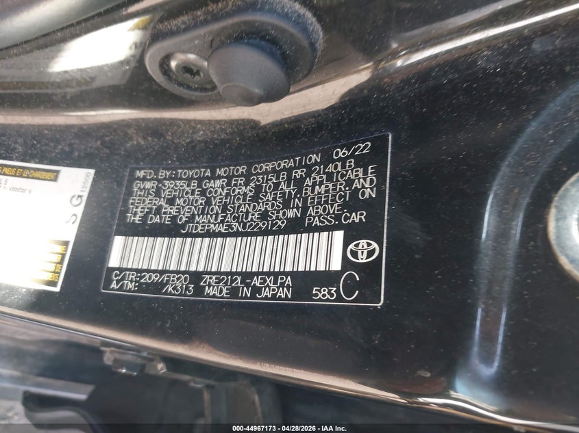 2022 Toyota Corolla VIN JTDEPMAE3NJ229129 IAAI salvage auction — FRONT END, Salvage (Massachusetts), sold $25 on 2026-07-21 (photo 9)