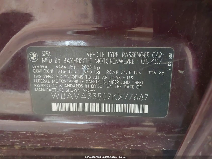 2007 BMW 3 series VIN WBAVA33507KX77687 IAAI salvage auction — Burn Engine, Clear (Michigan), sold $275 on 2026-07-07 (photo 9)