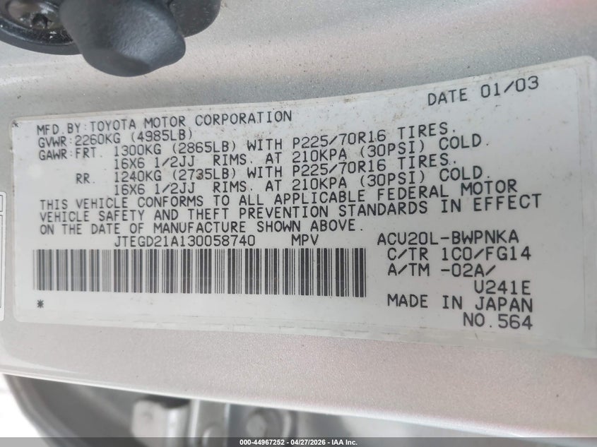2003 Toyota Highlander VIN JTEGD21A130058740 IAAI salvage auction — NORMAL WEAR, Salvage (Texas), sold $325 on 2026-07-21 (photo 9)