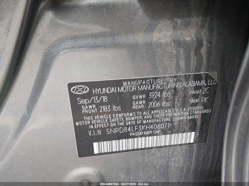 2019 Hyundai Elantra VIN 5NPD84LF3KH406071 IAAI salvage auction — REAR END, Salvage Title, sold $1,975 on 2026-07-09 (photo 9)