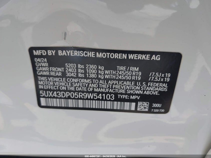 2024 BMW X3 VIN 5UX43DP05R9W54103 IAAI salvage auction — SIDE, Salvage Certificate (California), sold $8,000 on 2026-07-29 (photo 9)