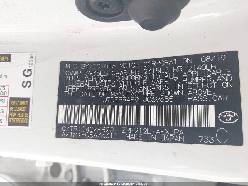 2020 Toyota Corolla VIN JTDEPRAE9LJ069655 IAAI salvage auction — FRONT END, Original (Texas), sold $5,500 on 2026-07-15 (photo 9)