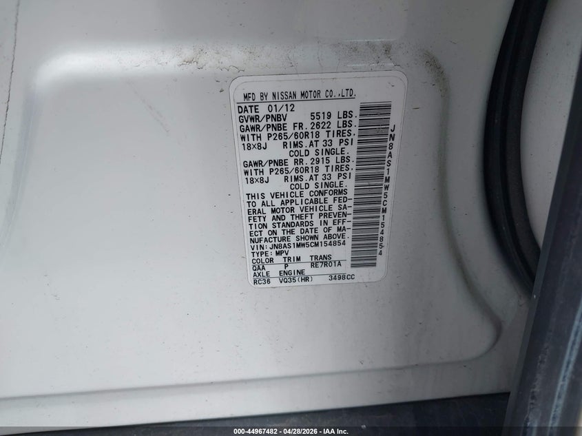 2012 Infiniti Fx VIN JN8AS1MW5CM154854 IAAI salvage auction — LEFT REAR, Salvage Title, sold $1,575 on 2026-07-20 (photo 9)