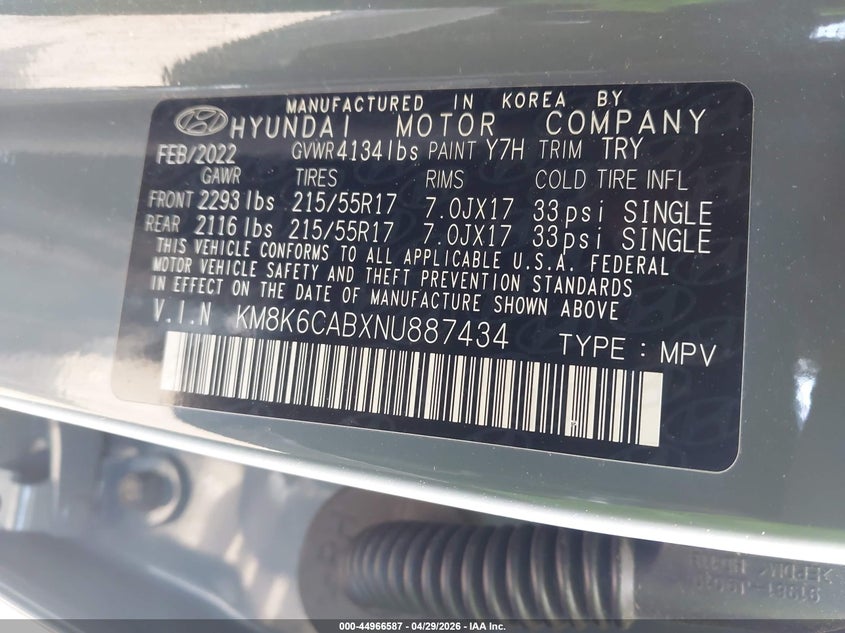 2022 Hyundai Kona VIN KM8K6CABXNU887434 IAAI salvage auction — FRONT END, Salvage Title, sold $4,300 on 2026-07-07 (photo 9)