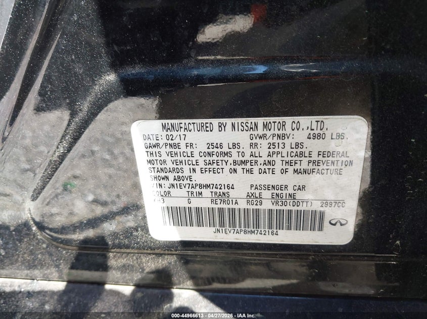 2017 Infiniti Q50 VIN JN1EV7AP8HM742164 IAAI salvage auction — FRONT END, Salvage (Georgia), sold $275 on 2026-07-28 (photo 9)