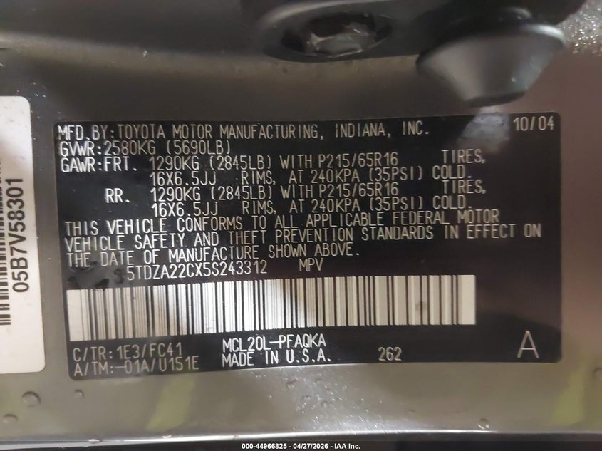 2005 Toyota Sienna VIN 5TDZA22CX5S243312 IAAI salvage auction — RIGHT FRONT, Clear (Indiana), sold $475 on 2026-07-21 (photo 9)