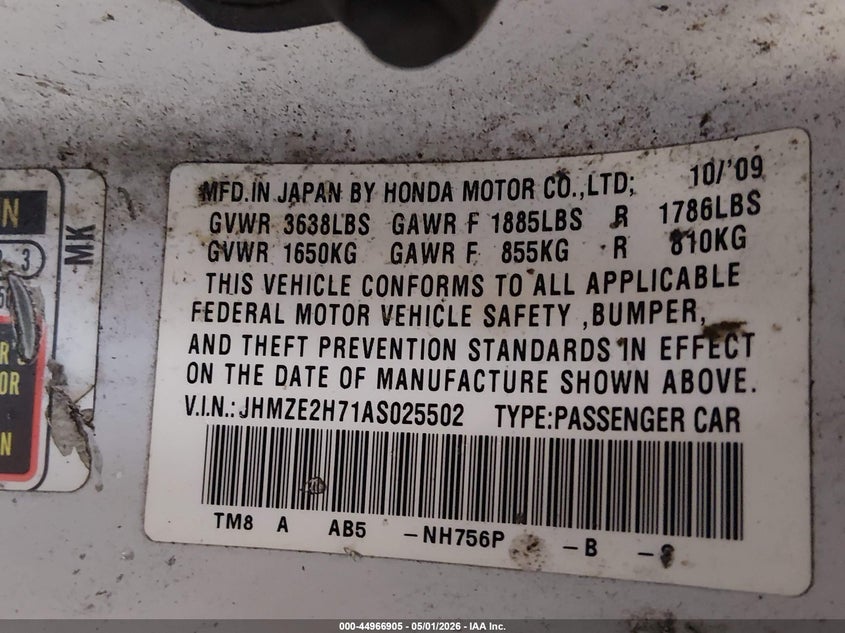 2010 Honda Insight VIN JHMZE2H71AS025502 IAAI salvage auction — FRONT END, Salvage (Louisiana), sold $575 on 2026-07-13 (photo 9)