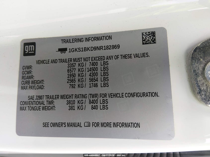 2022 Gmc Yukon VIN 1GKS1BKD9NR182869 IAAI salvage auction — RIGHT FRONT, Salvage Title, sold $10,850 on 2026-08-22 (photo 9)