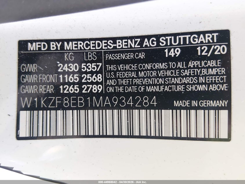 2021 Mercedes-benz E-klasse VIN W1KZF8EB1MA934284 IAAI salvage auction — SIDE, Salvage (Illinois), sold $17,900 on 2026-07-31 (photo 9)