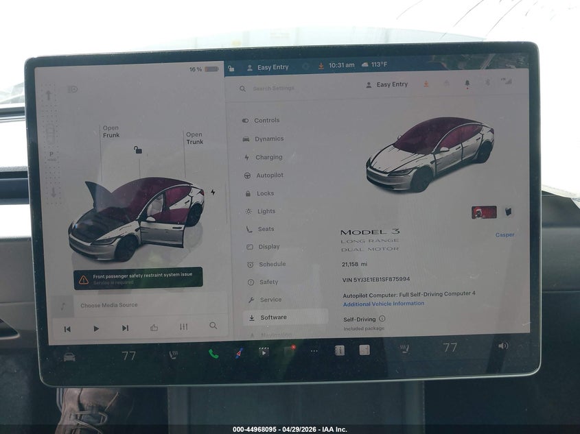 2025 Tesla Model 3 VIN 5YJ3E1EB1SF875994 IAAI salvage auction — FRONT END, Salvage Title, sold $10,950 on 2026-07-21 (photo 7)
