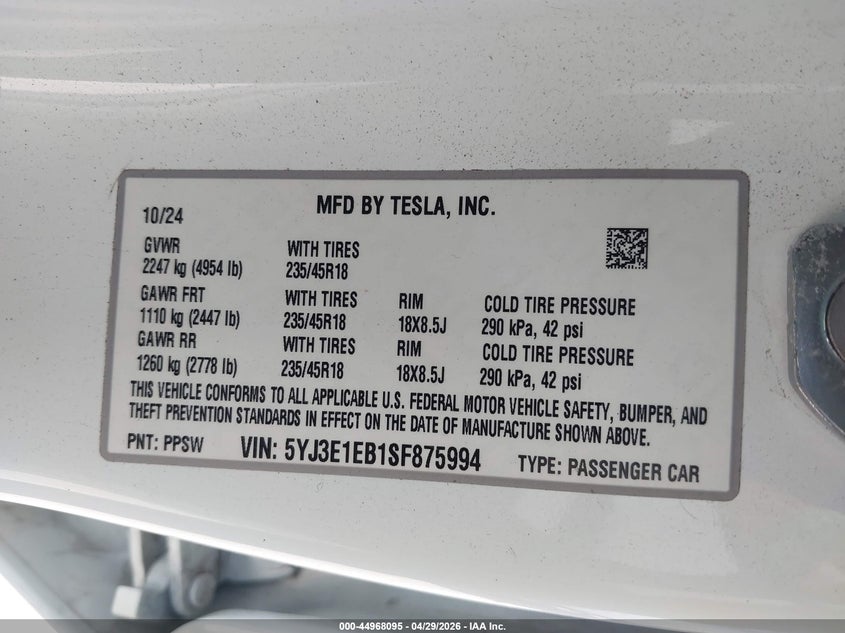 2025 Tesla Model 3 VIN 5YJ3E1EB1SF875994 IAAI salvage auction — FRONT END, Salvage Title, sold $10,950 on 2026-07-21 (photo 9)
