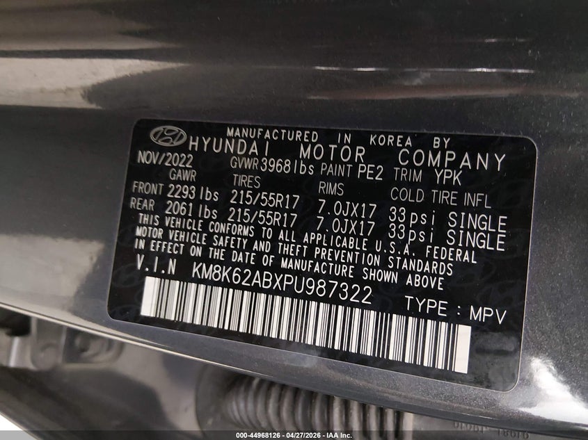 2023 Hyundai Kona VIN KM8K62ABXPU987322 IAAI salvage auction — FRONT END, Salvage (Illinois), sold $2,650 on 2026-07-21 (photo 9)