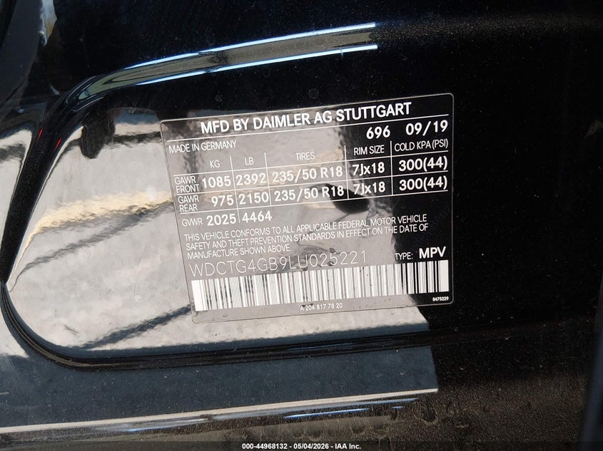 2020 Mercedes-benz Gla-klasse VIN WDCTG4GB9LU025221 IAAI salvage auction — FRONT END, Salvage (Connecticut), sold $6,100 on 2026-07-10 (photo 9)