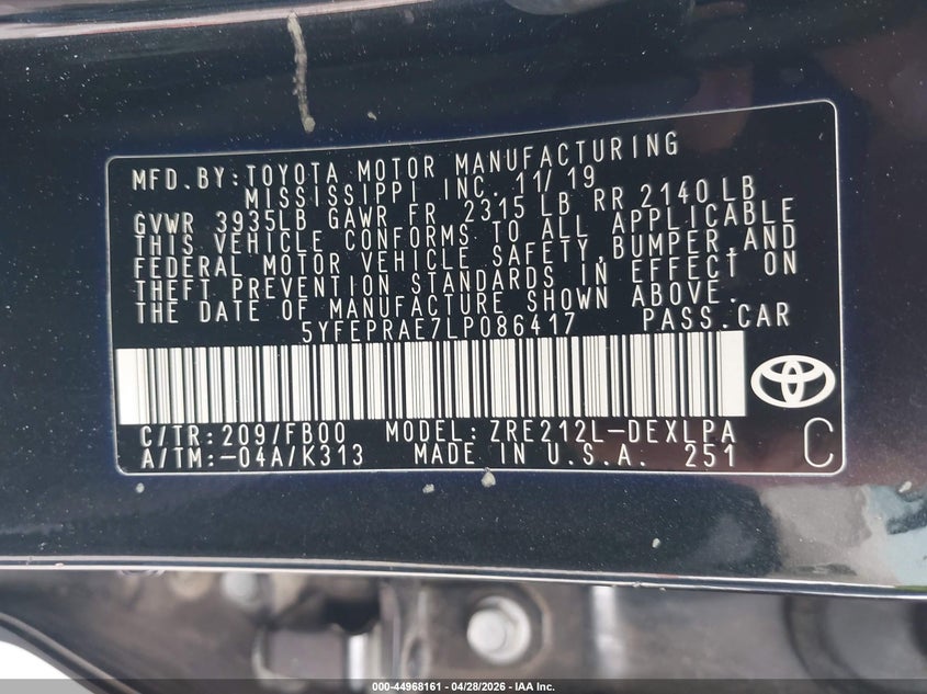 2020 Toyota Corolla VIN 5YFEPRAE7LP086417 IAAI salvage auction — REAR END, Original (Texas), sold $6,575 on 2026-07-08 (photo 9)