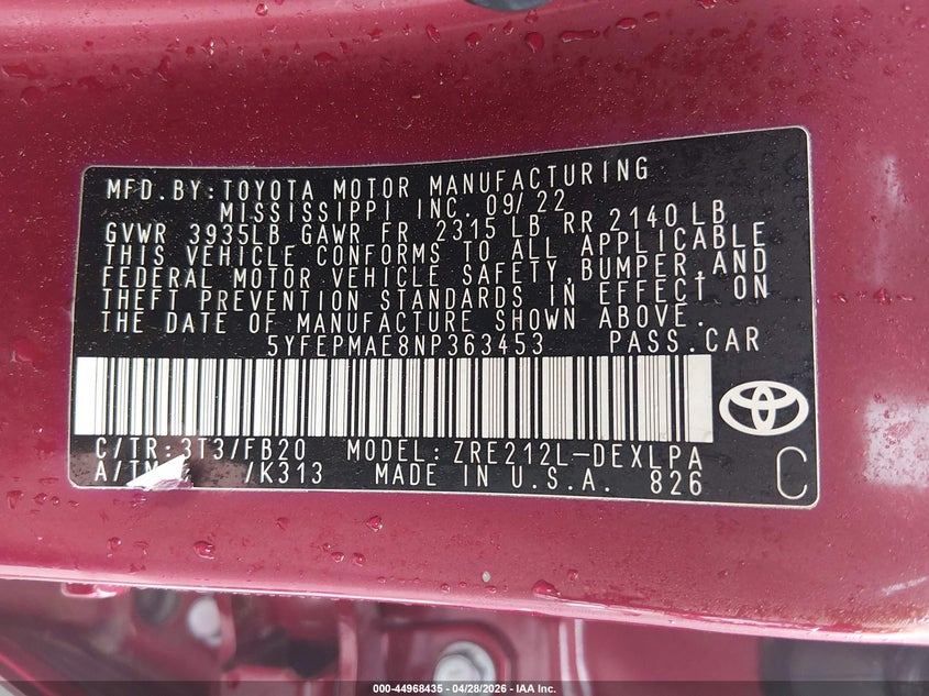 2022 Toyota Corolla VIN 5YFEPMAE8NP363453 IAAI salvage auction — ROLLOVER, Salvage Title, sold $25 on 2026-07-08 (photo 8)