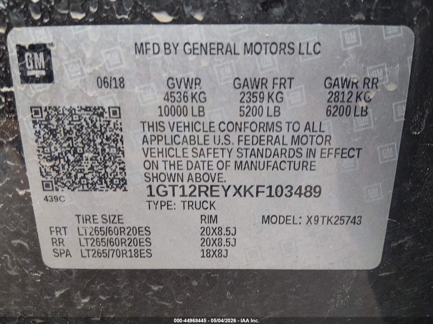 2019 Gmc SIERRA VIN 1GT12REYXKF103489 IAAI salvage auction — RIGHT SIDE, Salvage (Colorado), sold $10,100 on 2026-07-29 (photo 9)