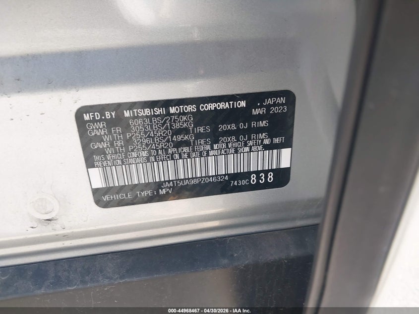 2023 Mitsubishi Outlander VIN JA4T5UA98PZ046324 IAAI salvage auction — FRONT END, Salvage (Illinois), sold $10,300 on 2026-07-14 (photo 9)