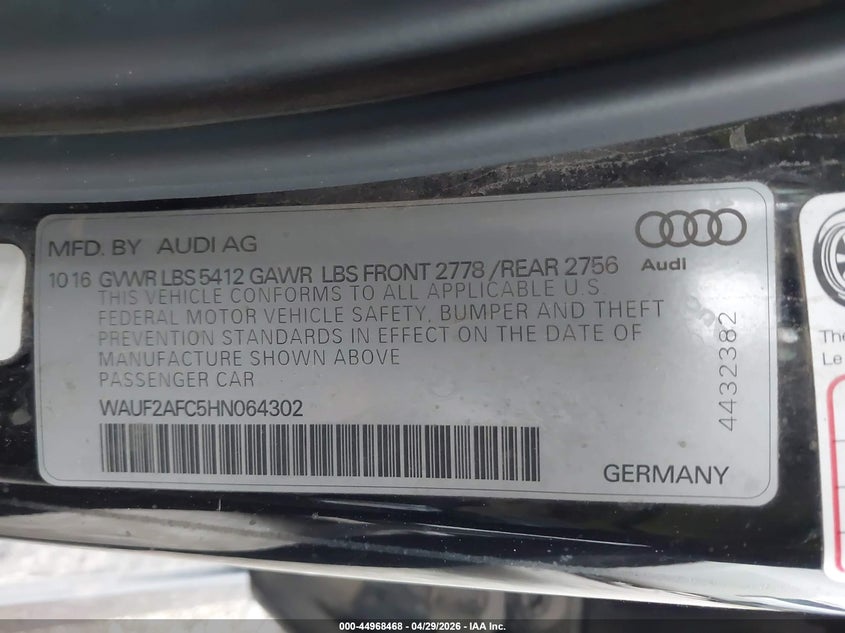 2017 Audi A6 VIN WAUF2AFC5HN064302 IAAI salvage auction — ENGINE DAMAGE, Original (Texas), sold $25 on 2026-07-28 (photo 9)