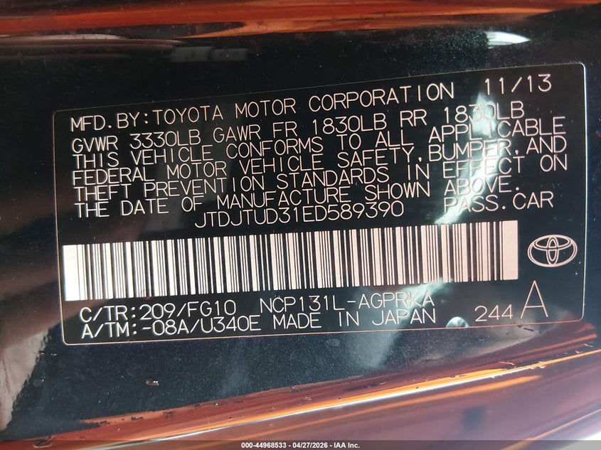 2014 Toyota Yaris VIN JTDJTUD31ED589390 IAAI salvage auction — NORMAL WEAR, Salvage (Texas), sold $875 on 2026-07-28 (photo 9)